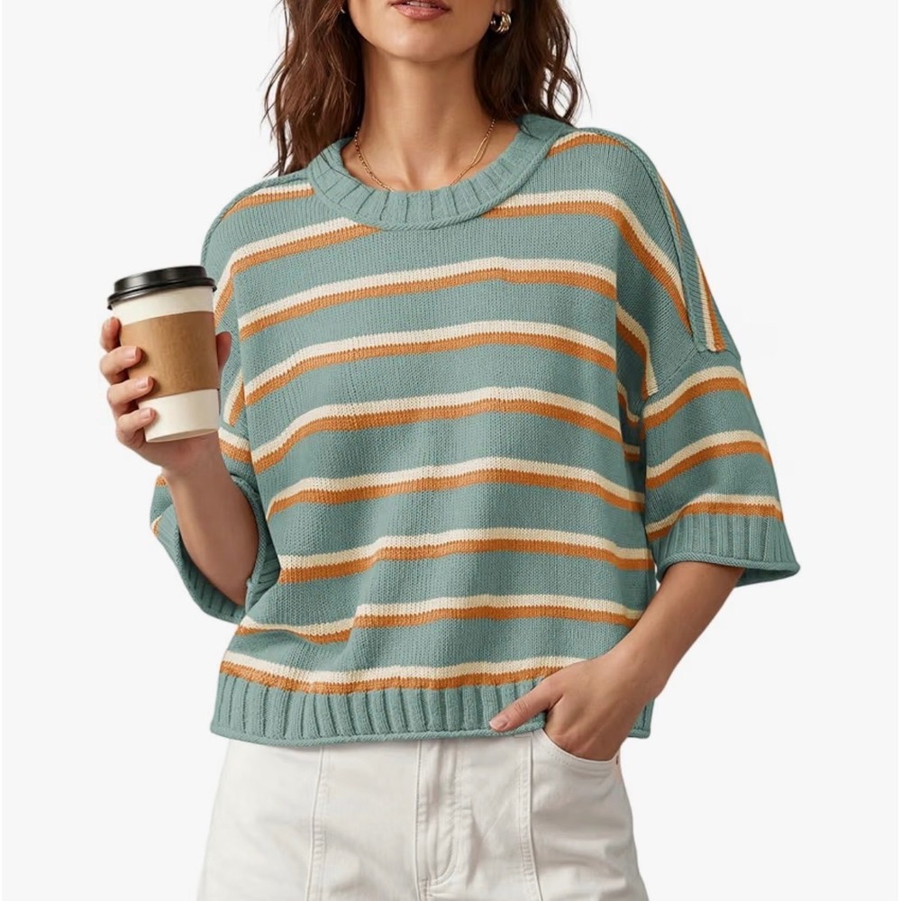 Nirovien Women's Green/Brown Striped Knit Sweater – Short Sleeve – Large – NWT